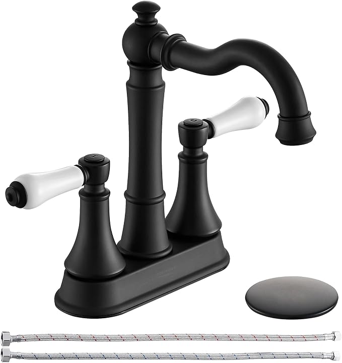 Porcelain 2-Handle Matte Black Bathroom Faucet 4 Inch Centerset | with Plastic Pop-up Drain and Two 23.6" Supply Lines, Classical 4" Bath Vanity Sink Faucets for 2/3-Hole Sinks, Brass Spout