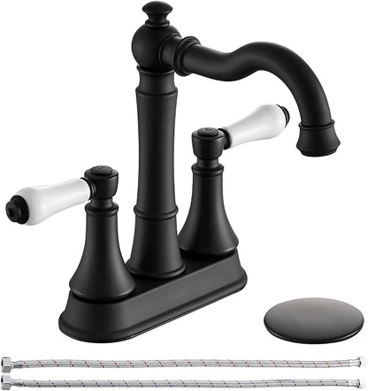 Porcelain 2-Handle Matte Black Bathroom Faucet 4 Inch Centerset | with Plastic Pop-up Drain and Two 23.6" Supply Lines, Classical 4" Bath Vanity Sink Faucets for 2/3-Hole Sinks, Brass Spout