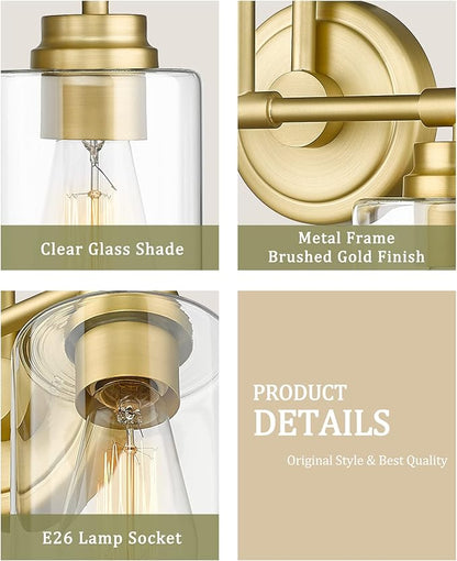 Brushed Gold Bathroom Light Fixtures, 2-Light Modern Bathroom Vanity Light Over Mirror with Clear Glass Shade, KW-7306-2