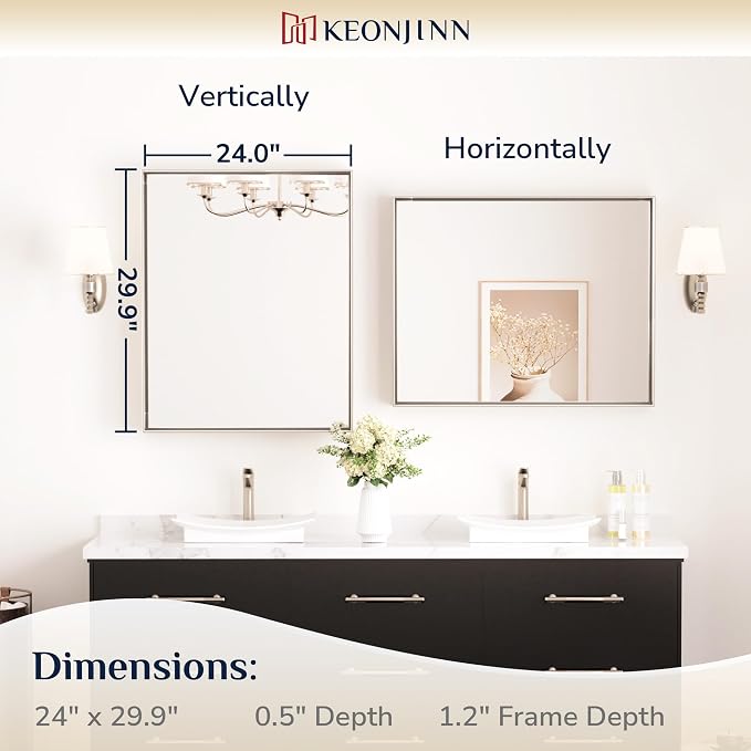 Keonjinn 24x30 Inch Brushed Nickel Bathroom Mirror for Over Sink, Rectangle | HD Tempered Glass, Vanity Mirror, Brushed Framed, Square Corner, Modern Farmhouse, Wall Mounted Mirrors, Aluminum Alloy