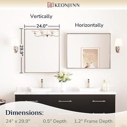 Keonjinn 24x30 Inch Brushed Nickel Bathroom Mirror for Over Sink, Rectangle | HD Tempered Glass, Vanity Mirror, Brushed Framed, Square Corner, Modern Farmhouse, Wall Mounted Mirrors, Aluminum Alloy