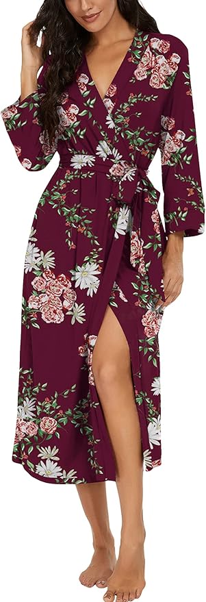 VINTATRE Women Kimono Robes Long Knit Bathrobe Lightweight Soft Knit Sleepwear V-neck Casual Ladies Loungewear