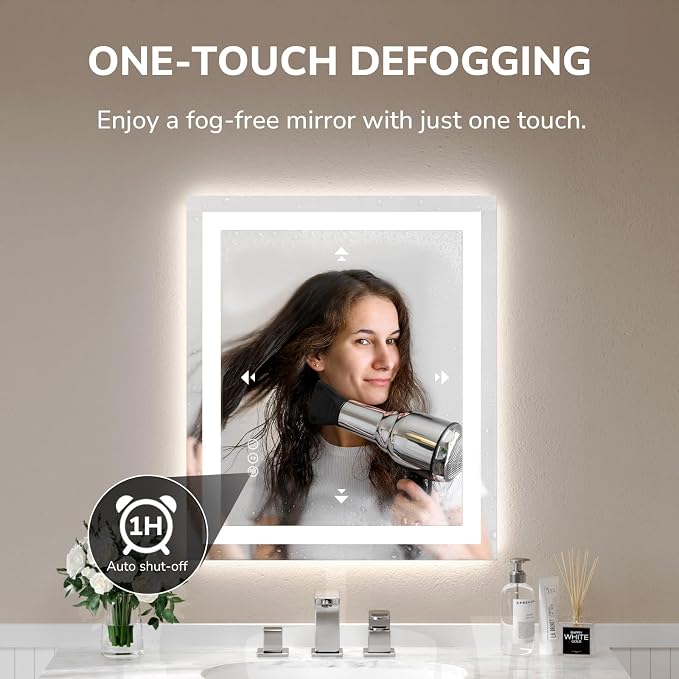 LED Bathroom Mirror 24x32 Inch | Tempered Glass - Frameless Backlit Lighted Mirror for Bathroom Vanity with Anti-Fog, 3 Colors Dimmable, Memory Function,