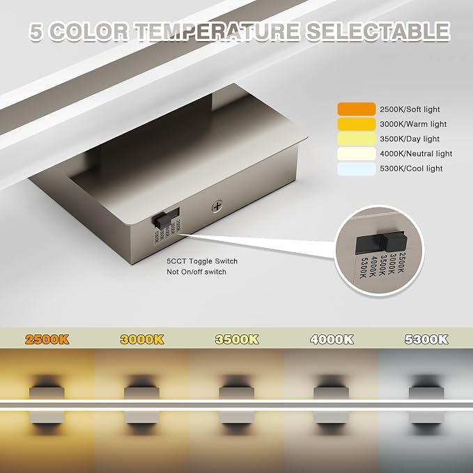 Modern Vanity Light 15.7 inch 16W Dimmable 5CCT Led Bathroom Light Fixture Over Mirror, Brushed Nickel Vanity Light for Bathroom Mirror Cabinets-ETL Certificated