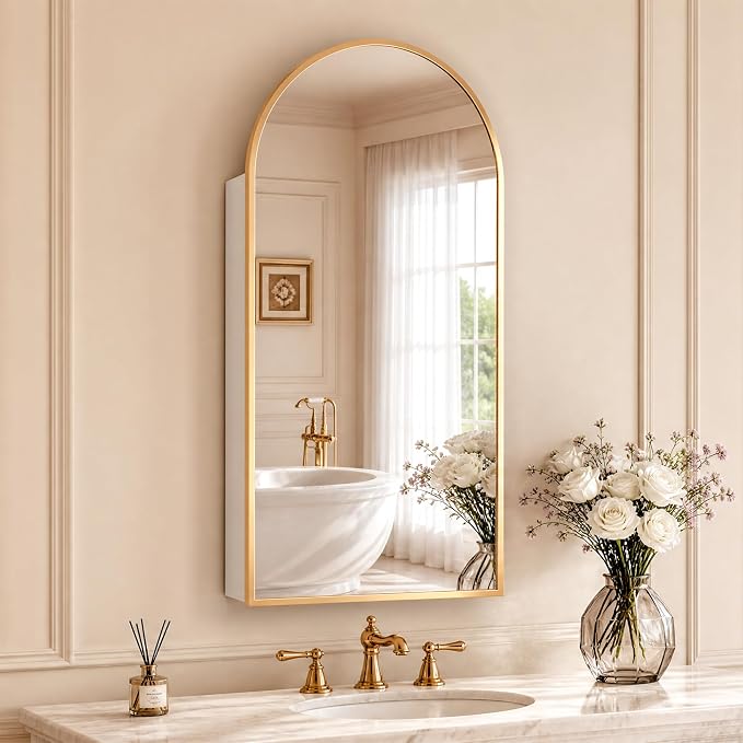 FKWin Gold Medicine Cabinet Mirror, Wall-Mounted Mirror Cabinet, 16x32 Inch | Medicine Cabinets for Bathroom, Easy Install, Adjustable Shelves, Reversible Door, Apartment and Small Bathroom Upgrade