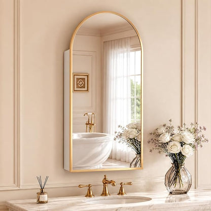 FKWin Gold Medicine Cabinet Mirror, Wall-Mounted Mirror Cabinet, 16x32 Inch | Medicine Cabinets for Bathroom, Easy Install, Adjustable Shelves, Reversible Door, Apartment and Small Bathroom Upgrade