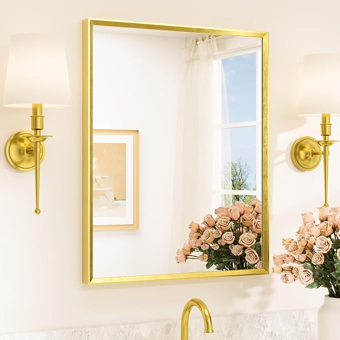 Brushed Gold Bathroom Mirror 24" x 30" Brushed Brass Gold Rectangle Beveled Framed Bathroom Vanity Mirror for Over Sink, Tempered Glass, Modern Farmhouse Bedroom, Entryway, Living Room