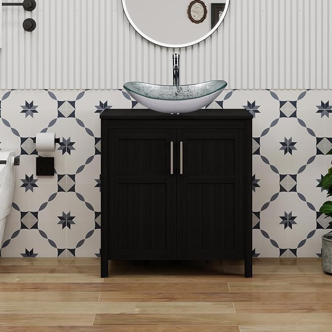 YOURLITE 30" Bathroom Vanity with Sink, Black Bathroom Vanity and Sink Combo with Faucet & Pop Up Drain Set,Traditional Vanity with Blue Glass Boat Bathroom Sink
