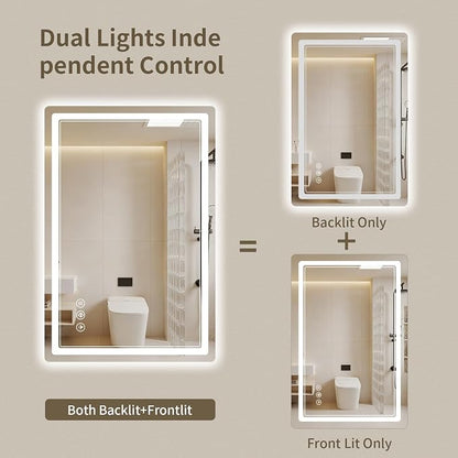 28"x36" LED Bathroom Mirror with Lights, Backlit + Front Lit, Anti-Fog, Lighted Bathroom Mirror for Wall, HD Shatterproof Tempered Glass, Dimmable, Memory Function (Horizontal/Vertical)
