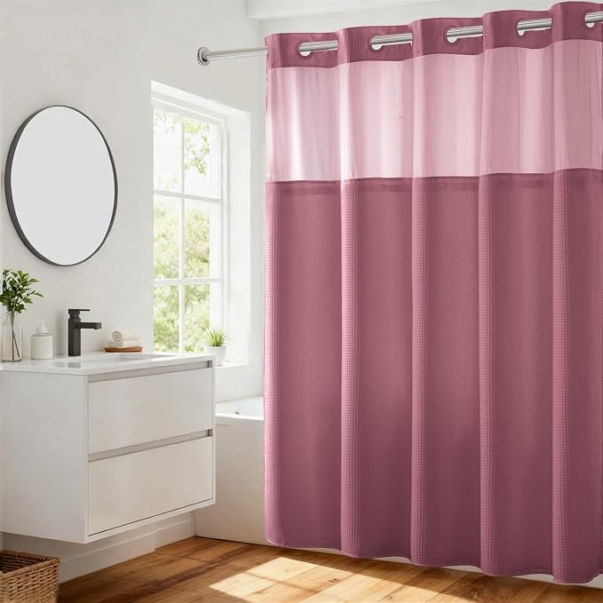 River Dream Waffle No Hook Shower Curtain with Liner,Pale Mauve,71x74 | Dotted Waffle,Snap-in Liner,Heavy Duty,Quick Dry,Mesh Top Window,With Bottom Magnets,Hotel-Grade,Washable,Standard Size