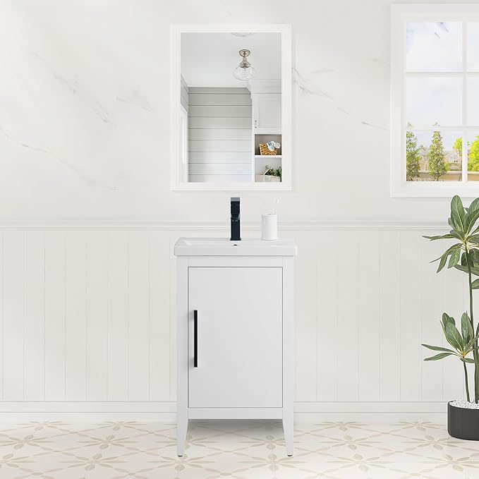 HomeBeyond 20 Inch Bathroom Vanity with Sink & Ceramic Top, Single Vanity Cabinet with Basin, Soft-Closing Doors & Matte Black Hardware, White
