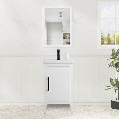 HomeBeyond 20 Inch Bathroom Vanity with Sink & Ceramic Top, Single Vanity Cabinet with Basin, Soft-Closing Doors & Matte Black Hardware, White