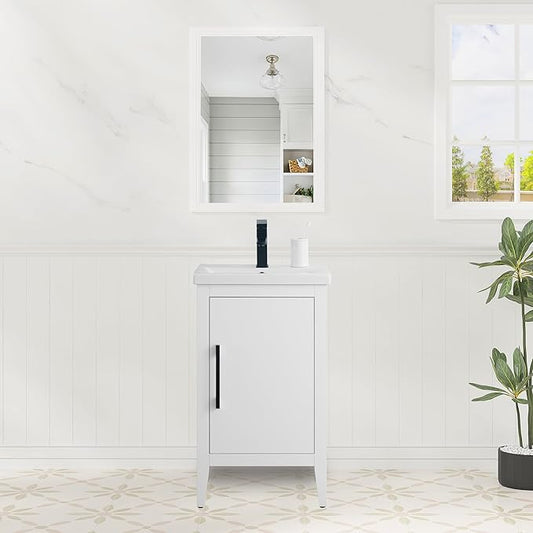 HomeBeyond 20 Inch Bathroom Vanity with Sink & Ceramic Top, Single Vanity Cabinet with Basin, Soft-Closing Doors & Matte Black Hardware, White