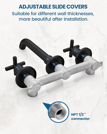Airuida Solid Brass Matte Black Wall Mount Bathroom Faucet | 360° Swivel Spout,Rough in Valve,2 Cross Handle,3 Hole,Widespread