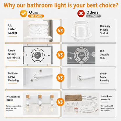 Farmhouse Vanity Light Fixture,5-Light Bathroom Lighting,White Modern Wood Wall Light Over Mirror with Metal Shade,LED Bulbs Not Included