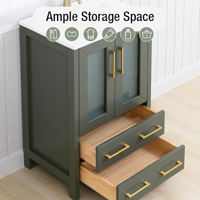 HOMEBEYOND 24 Inch Modern Bathroom Vanity with Sink & Mirror, Single Vanity Cabinet with Basin and Mirror, Dove-Tailed Drawers, Soft-Closing Doors, Wood, Vintage Green