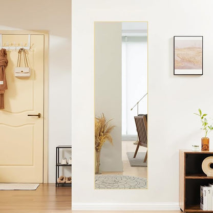 DUMOS Gold Full Length Mirror 59"x16.5" Full Body Floor Mirror for Bedroom or Cloakroom, Can Stand Alone, Hang or Lean Against Wall, Tall Wall Mirrors with Stand and Sleek Aluminum Alloy Thin Frame