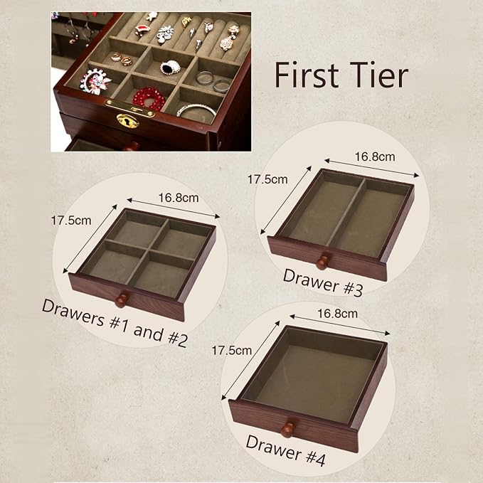 Changsuo Wooden Jewelry Box for Women, Organizer Box of Solid Wood with Lock and Key for Jewelries, Watches, Necklace, Ring, Lockable Storage Case (Cherry)