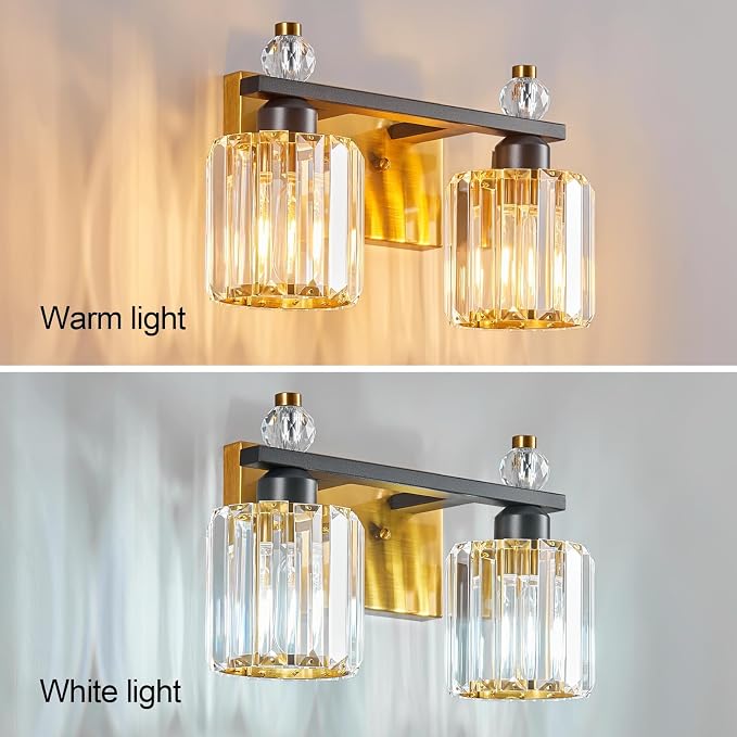 Bathroom Vanity Lights 2-Light Black Gold Modern Crystal Vanity Light Fixtures Over Mirror Crystal Bathroom Vanity Lighting Fixtures