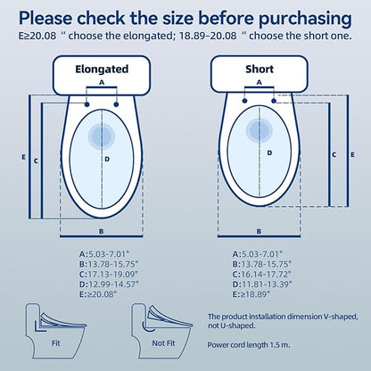 Smart Heated Toilet Seat for Elongated V-Shaped Toilets – Bidet Warm Water Wash, Self-Cleaning Nozzle, Warm Air Dryer, Deodorizer, Soft-Close Lid, LED Night Light & Touch Panel, Easy Install