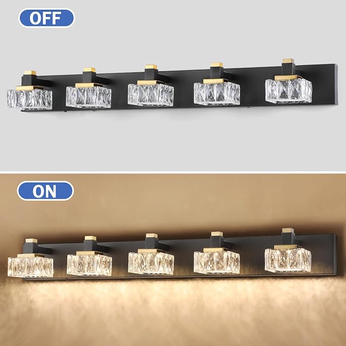 SineRise Bathroom Vanity Lights Over Mirror,5-Light Dimmable 5CCT Led Vanity Lights Black Gold Crystal Wall Sconce Lighting 40 inches Modern Vanity Light for Bathroom,Bedroom,Living Room(3000K-6000K)