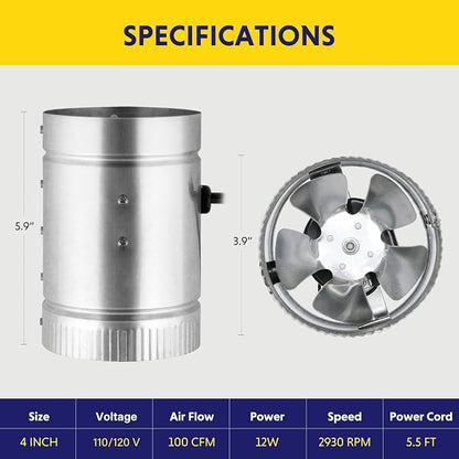 iPower 4 Inch Inline Duct Fan 100 CFM Booster Exhaust Fan with Low Noise for HVAC Ventilation in Attic, Bathroom, Basemen and Kitchen, 5.5' Grounded Power Cord Included, Silver
