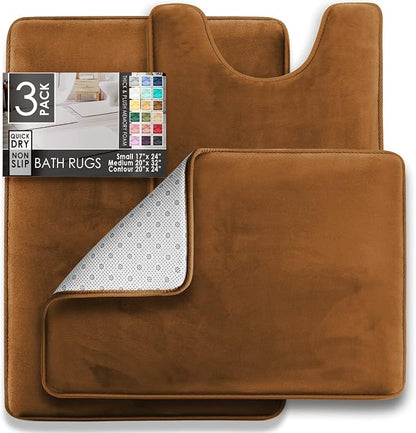 Clara Clark 3 Piece Bathroom Rugs Bath Mat Set, Velvet Memory Foam Bath Mats for Bathroom - Non-Slip, PVC Backing Bath Rugs, Washable - Dries Quickly, Brown