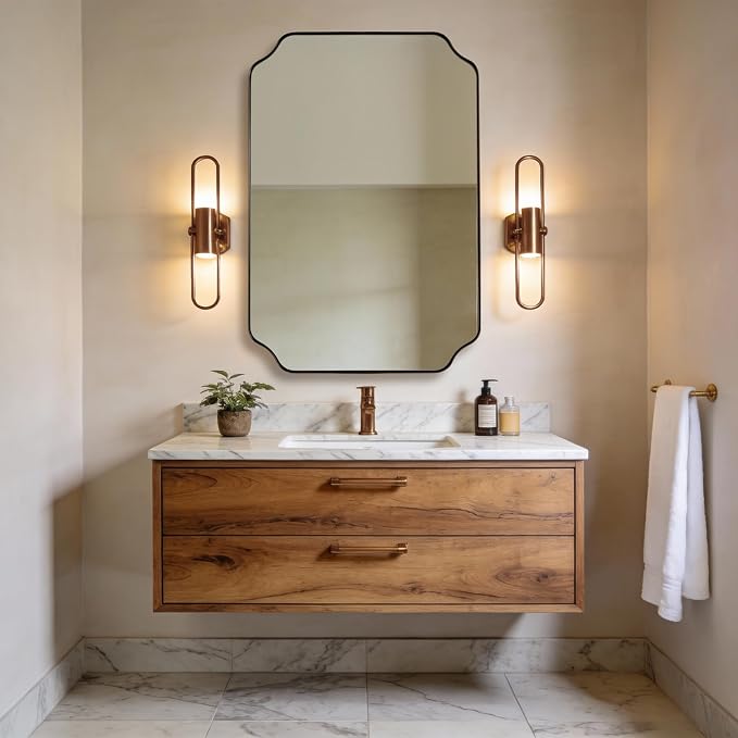 Brushed Bronze Scalloped Mirror, 26"x38" Bathroom Vanity Mirror, Antique Scalloped Mirror in Premium Stainless Steel Frame, Timeless Shape with Unique Flair, Hangs Vertically/Horizontally