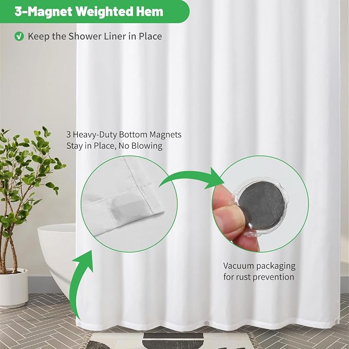 eachope Stall Waterproof Fabric Shower Curtain Liner,54x72 Inch White | 3 Heavy-Duty Magnets,Machine Washable,Durable Rustproof Grommets,Hotel Quality,Easy Care,Secure Fit for Bathroom