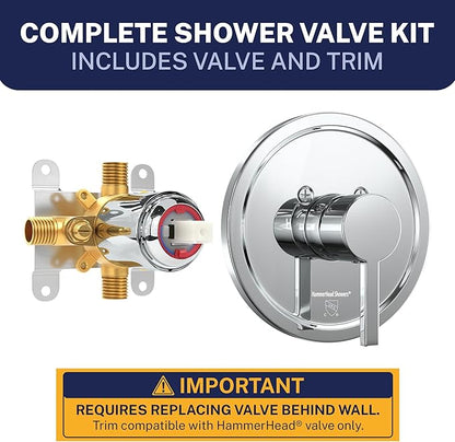 HammerHead Showers Solid Metal Single-Handle Trim Kit with Rough-In Shower Valve, Volume and Temperature Control, Pressure Balance, Chrome