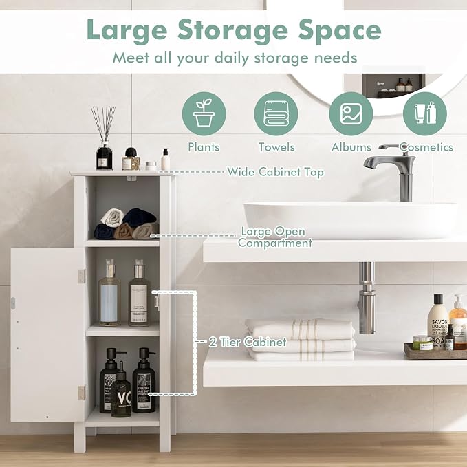 Giantex Narrow Bathroom Storage Cabinet with Adjustable Shelf (White) | Corner Unit with Open Compartment, Anti-toppling Device, Freestanding Small Storage Organizer for Living Room