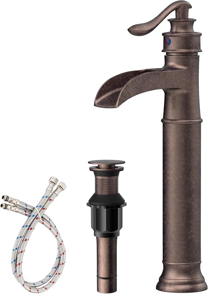 Vessel Sink Faucet Copper Tall Bathroom Faucets Waterfall Single Handle | 1 Hole Farmhouse Antique with Pop up Drain Assembly and Supply Lines Mixer Tap Without Overflow Counter Top by Homevacious
