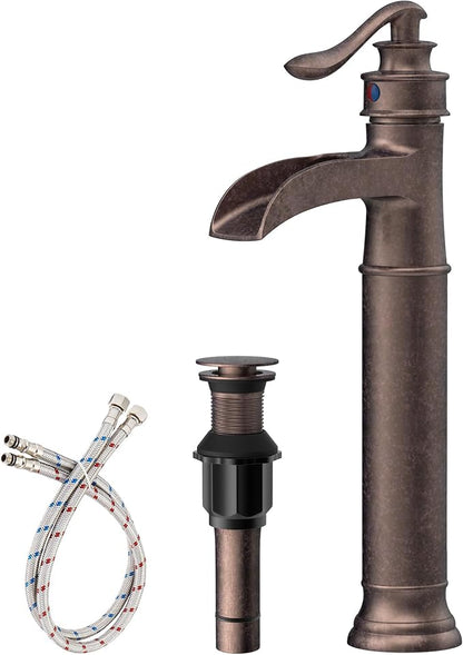 Vessel Sink Faucet Copper Tall Bathroom Faucets Waterfall Single Handle | 1 Hole Farmhouse Antique with Pop up Drain Assembly and Supply Lines Mixer Tap Without Overflow Counter Top by Homevacious