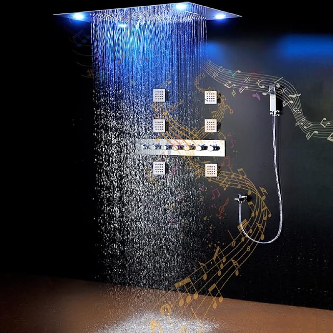 CASCADA 23"x31" LED Shower System with Handheld Shower | Luxurious Design 6 Functions (Rainfall, Waterfall, Curtain, Misty, Body Jets & Handheld) | 7 Knob Valve (Music, Rose Gold)
