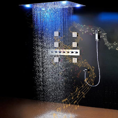CASCADA 23"x31" LED Shower System with Handheld Shower | 6 Functions (Rainfall, Waterfall, Curtain, Misty, Body Jets & Handheld) | 7 Knob Valve (Music, Polished Stainless Steel)