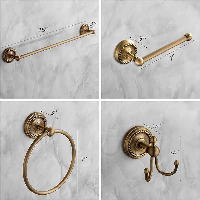 4 Piece Antique Brass Gold Bathroom Accessories Set - 24” Towel Holder, Antique Bar Brass Bath Accessories - Wall Mounted Bathroom Hardware Accessory Set