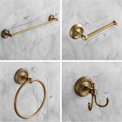 4 Piece Antique Brass Gold Bathroom Accessories Set - 24” Towel Holder, Antique Bar Brass Bath Accessories - Wall Mounted Bathroom Hardware Accessory Set