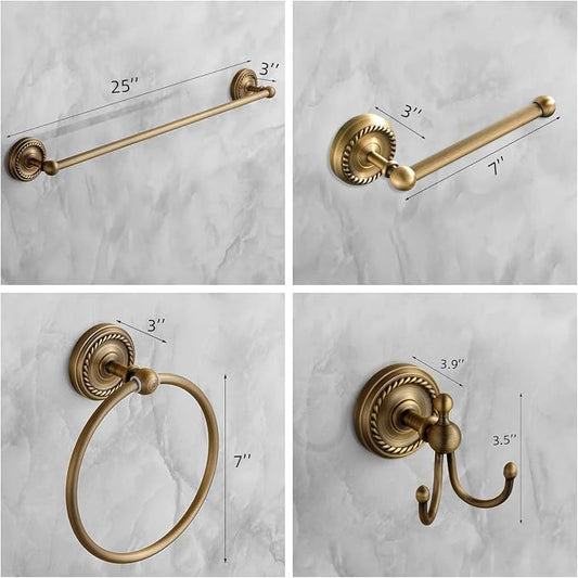 4 Piece Antique Brass Gold Bathroom Accessories Set - 24” Towel Holder, Antique Bar Brass Bath Accessories - Wall Mounted Bathroom Hardware Accessory Set