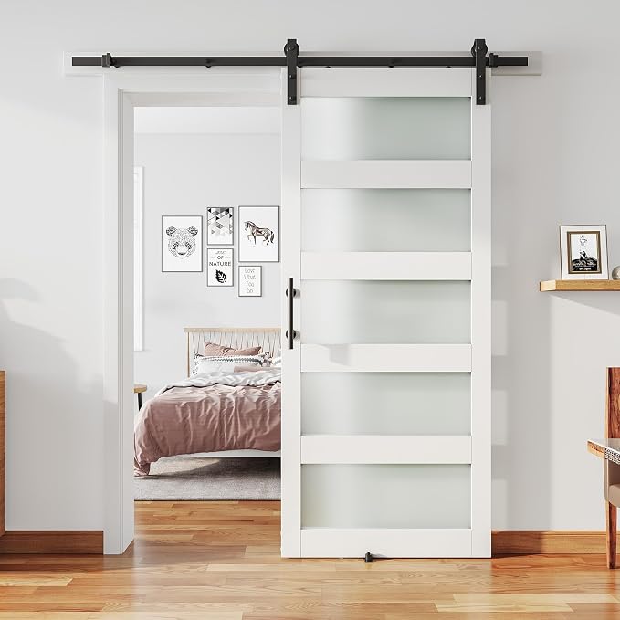 36'' x 80'' Glass Barn Door and 6.6Ft Hardware Kit Included White | MDF White Barn Door Slab with Frosted Glass, PVC Surface, Combined with Handle and Floor Guide-Assembly Required