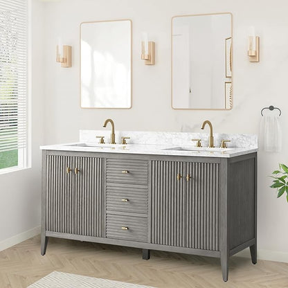 HOMEBEYOND 60" Bathroom Vanity with Double Sink, Solid Wood Bathroom Vanity Free-Standing Cabinet, Ceramic Top & Soft Closing Door, Golden Brushed Handware, Driftwood Gray
