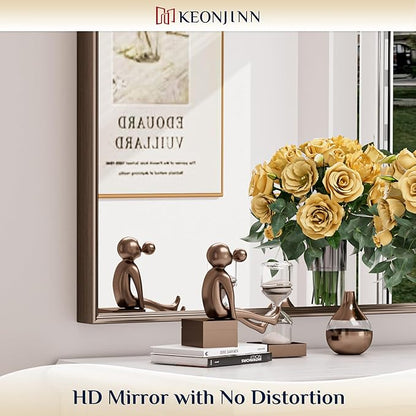 Keonjinn 16 x 20 Inch Small Stainless Steel Framed Mirror, Brushed Bronze Bathroom Vanity Mirror, Anti-Rust, Curved Edge, Shatter-Proof Tempered Glass, Square Rectangle Wall Mirrors for Over Sink