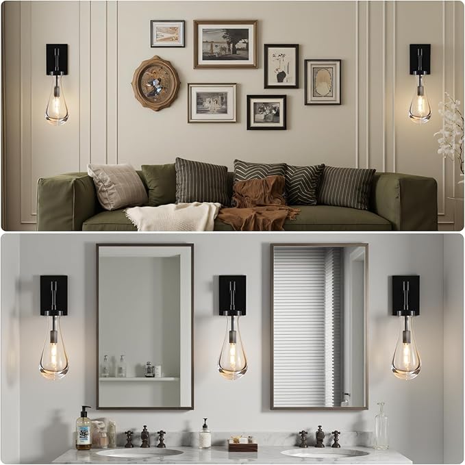 Raindrop Brass Crystal Wall Sconce: Clear Solid Indoor Sconces with Bulbs - Modern Luxury Black Light Fixtures - Dimmable Vanity Lamp for Bedroom Living Room Bathroom Hallway Bedside Lighting