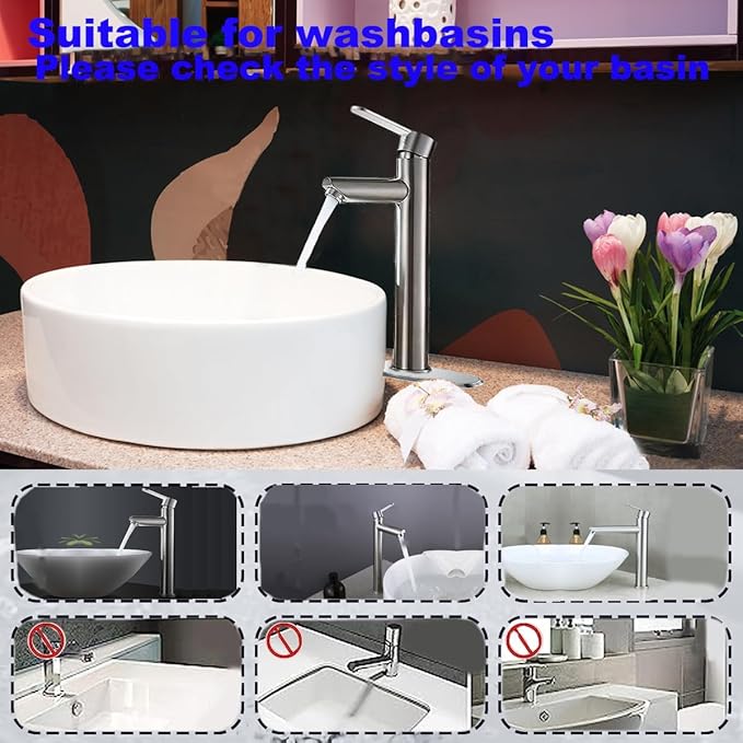 Bathroom setup with a white washbasin, silver faucet, and flowers on a counter.