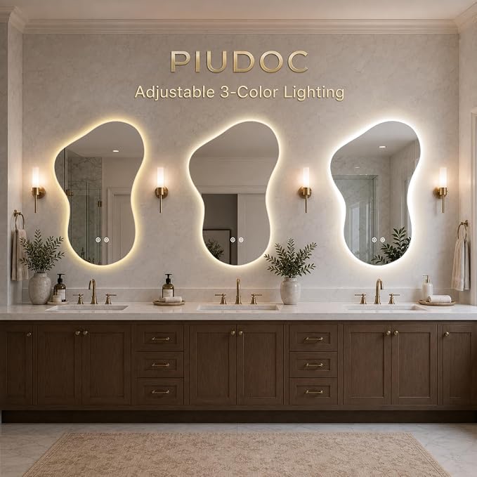 Irregular Led Bathroom Mirror with Lights 20x32 Inch, Backlit Asymmetrical Led Bathroom Mirror for Wall, Lighted Vanity Mirror with Lights, Anti-Fog, Dimmable 3 Colors, Shatter-Resistant