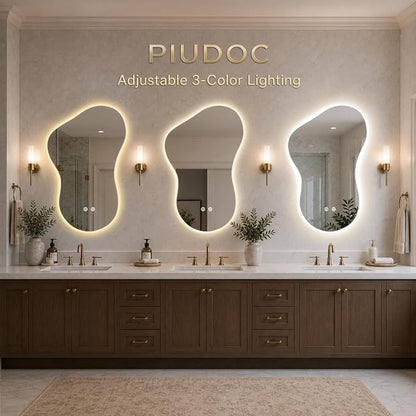 Irregular Led Bathroom Mirror with Lights 20x32 Inch, Backlit Asymmetrical Led Bathroom Mirror for Wall, Lighted Vanity Mirror with Lights, Anti-Fog, Dimmable 3 Colors, Shatter-Resistant