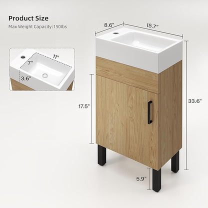 DWVO 16 Inch Bathroom Vanity Sink for Small Space, Freestanding Bathroom Cabinet with Undermount Ceramic Sink, Modern Bathroom Storge Vanity Soft-Close Doors, Natural Brown