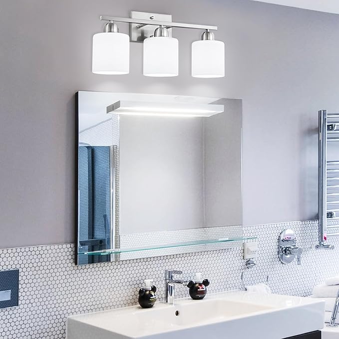 Brushed Nickel Bathroom Light Fixture, 3 Light Vanity Lights for Bathroom, Bath Lights with Milky White Frosted Glass Shades, E26 Socket