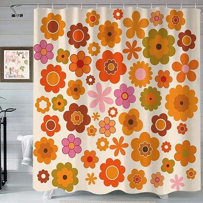 Retro Flowers Shower Curtain, Groovy Brown Orange Sun Flower Vintage 70s Fabric Shower Curtains Set for Bathroom Funky Hippie 1970 Boho Yellow Floral Decoration with Hooks 72 X 78 inch Bath Decor