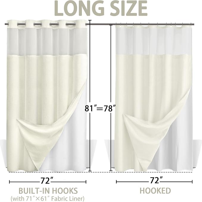 No Hook Shower Curtain and Liner Set,Cream Hotel Waffle Shower Curtain with Liner 81" L x 72" W