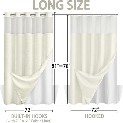 No Hook Shower Curtain and Liner Set,Cream Hotel Waffle Shower Curtain with Liner 81" L x 72" W